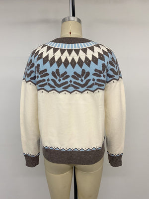Fair Isle Round Neck Sweater in Beige with stretch