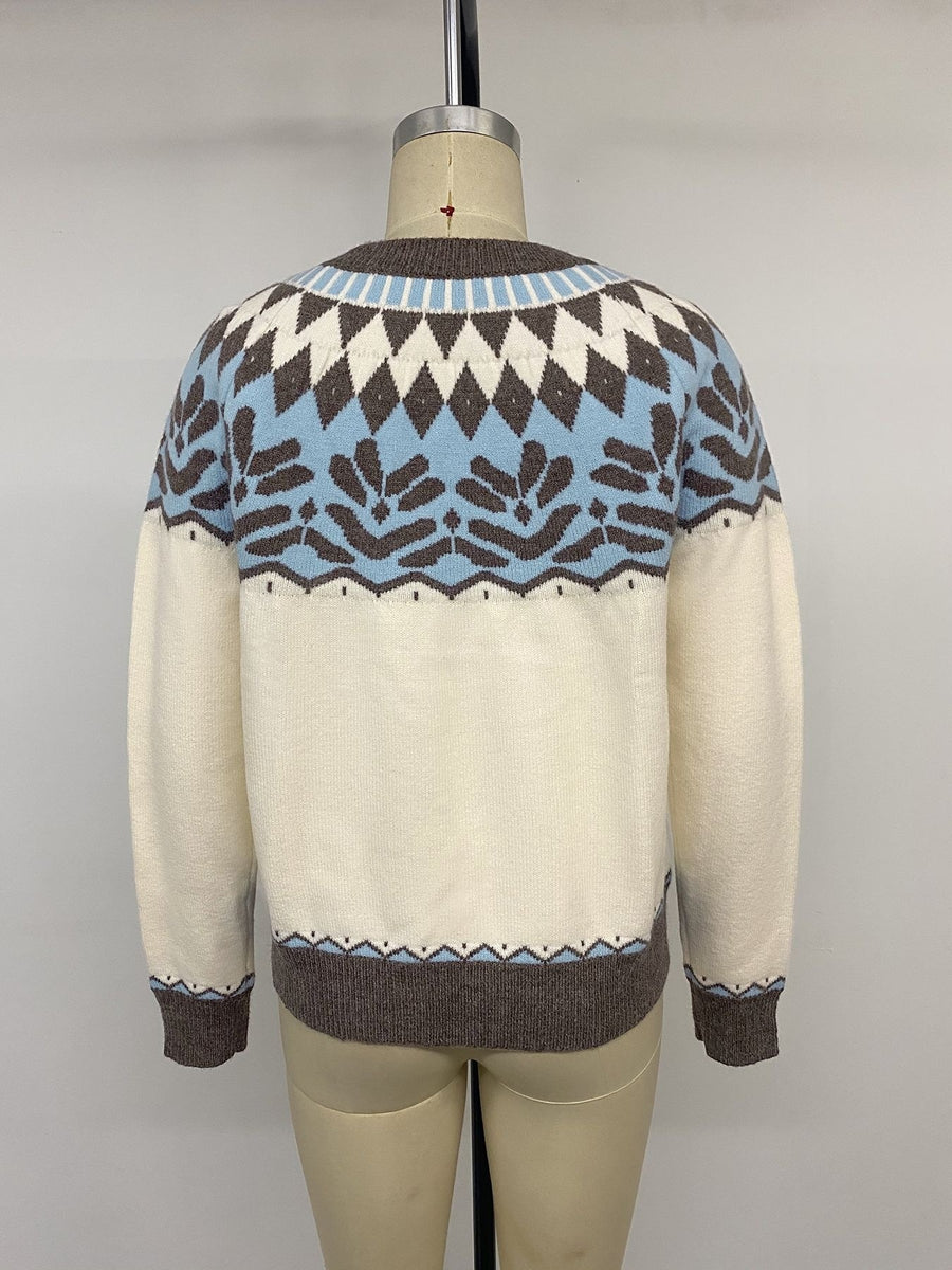 Fair Isle Round Neck Sweater in Beige with stretch