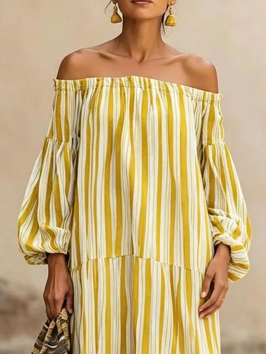 white relaxed maxi dress with off-shoulder