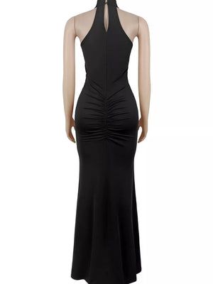 burgundy formal gown with slit and sleeveless