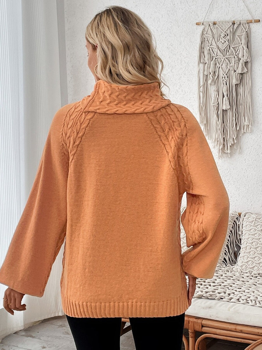 turtleneck sweater in ivory with cable knit and hip-length