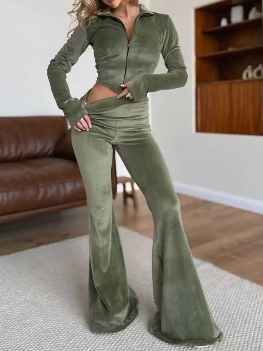 two-piece set in olive green featuring ruched and fitted top, flared pants fit