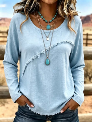 Blue Full Size Fringe Detail Long Sleeve T-shirt Plus Size