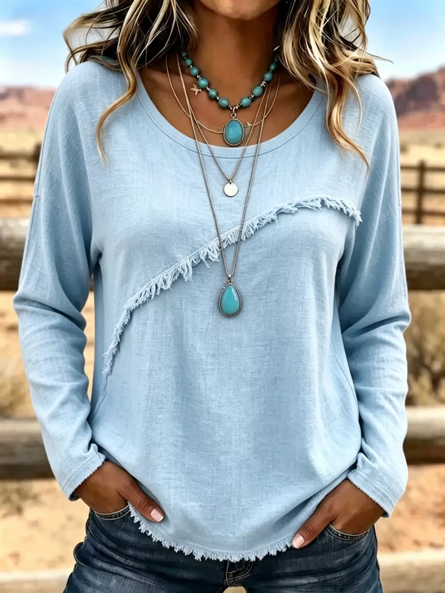 Blue Full Size Fringe Detail Long Sleeve T-shirt Plus Size