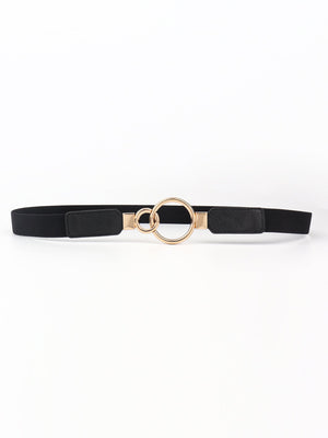 Black elastic belt with interlocked gold rings and faux leather ends