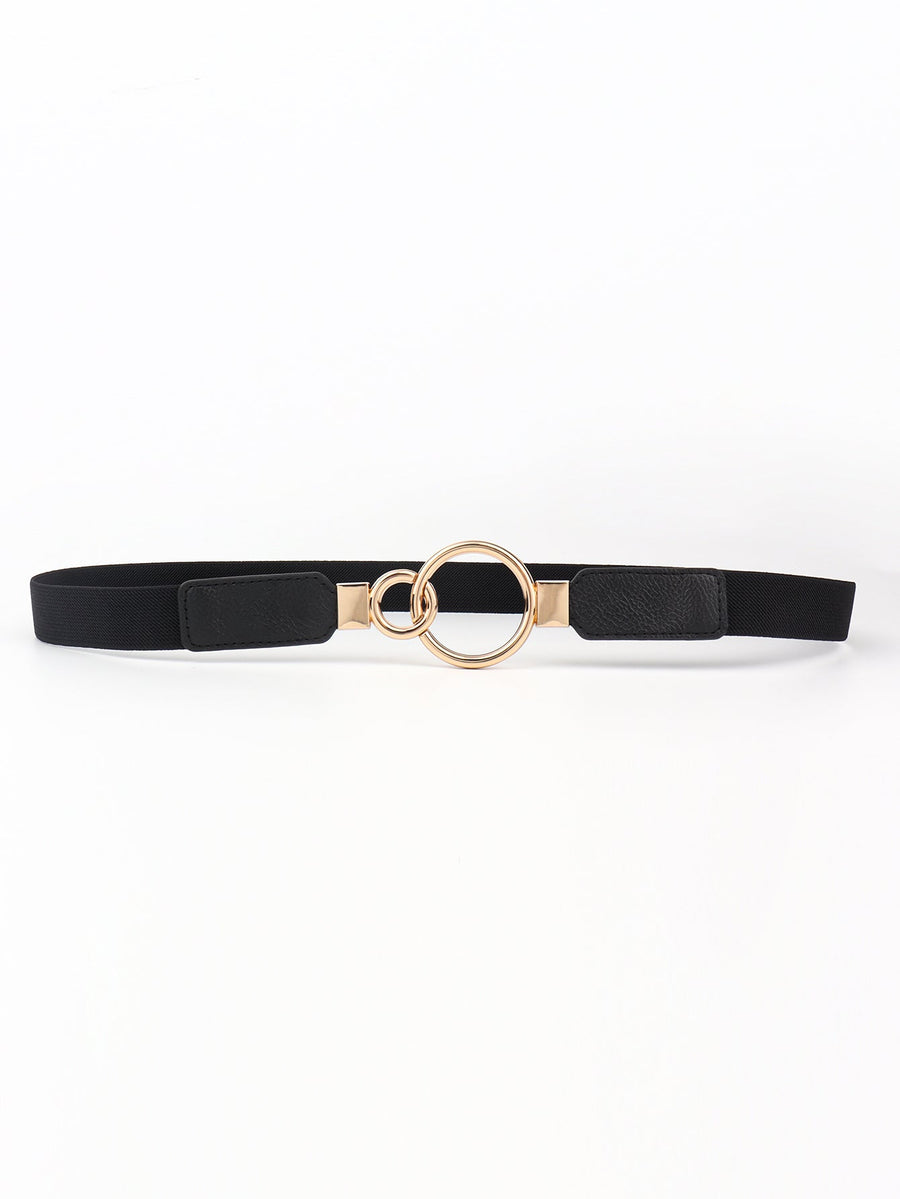 Black elastic belt with interlocked gold rings and faux leather ends