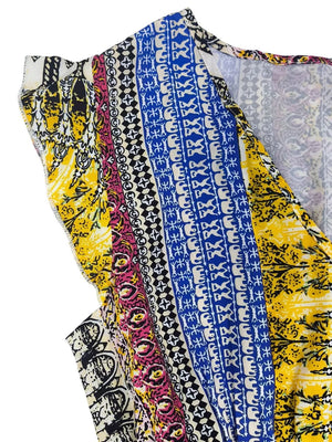 Bohemian maxi dress with ruffle sleeves in a colorful tribal print.