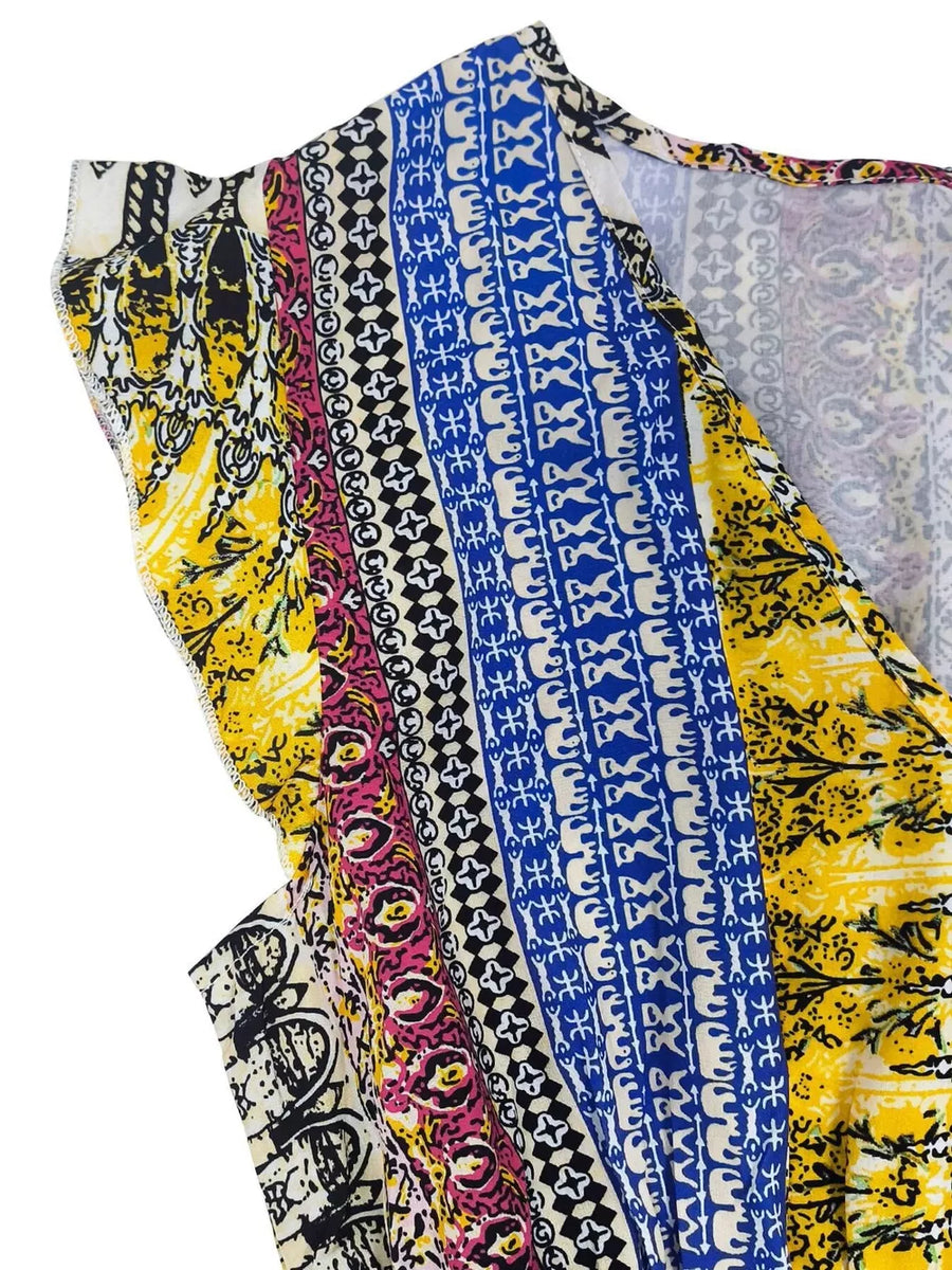 Bohemian maxi dress with ruffle sleeves in a colorful tribal print.