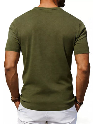 Men's army green short sleeve t-shirt with crew neck and pocket detail.
