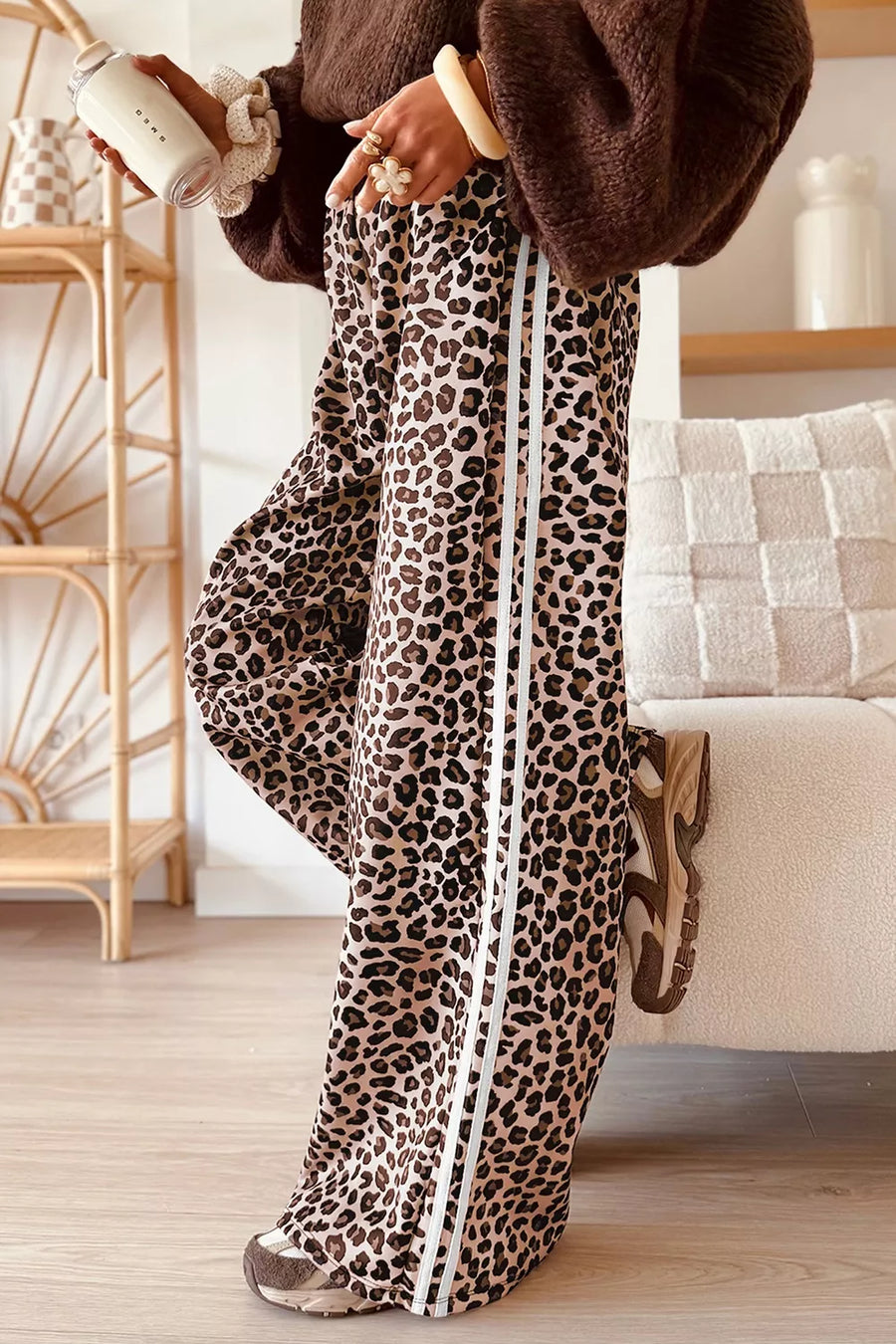 Leopard Print Side Striped Wide Leg Pants option 4