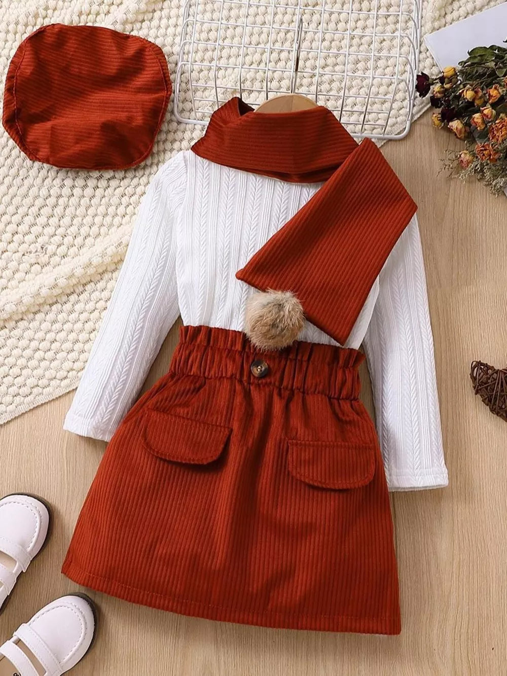 White Children's Ribbed Knit Top And Skirt Set