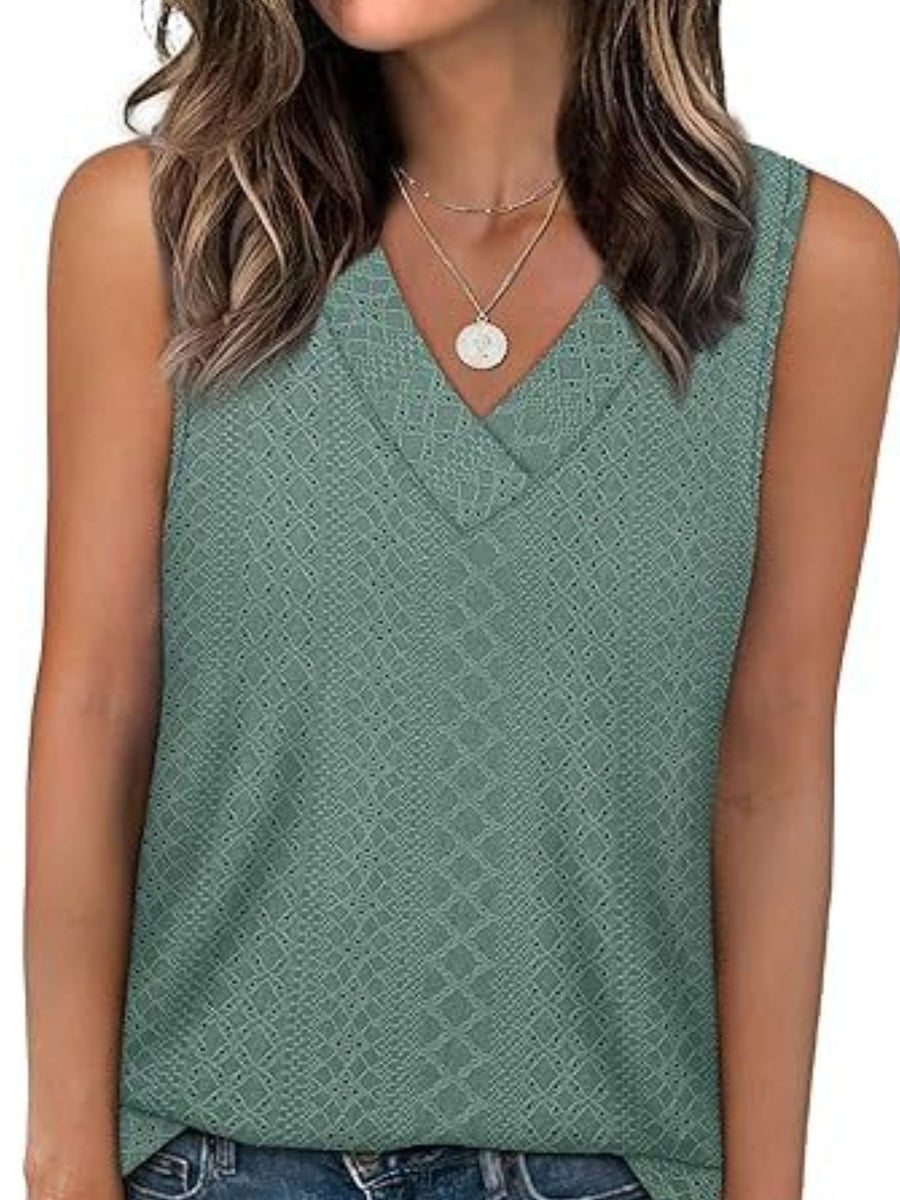 Sleeveless V-neck tank top with eyelet texture in a muted green color.