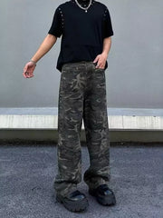 Men's dark camo print loose-fit cotton jeans with a casual style.