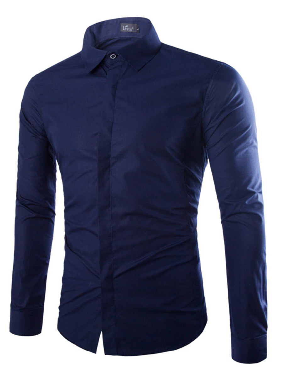 Men's navy blue long sleeve button-up shirt with a pointed collar and ruched side detail.