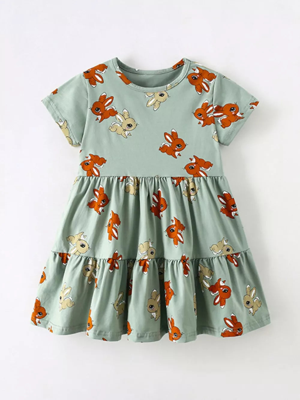 Baby tiered dress in mint green cotton blend with playful bunny print and short sleeves.