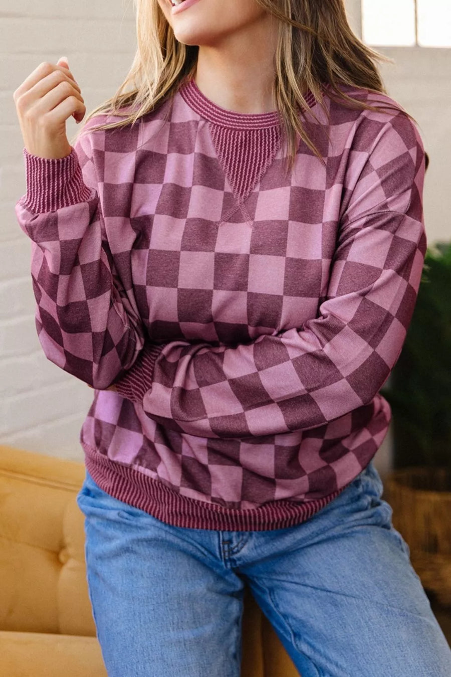 Ribbed Trim Checkered Pullover Shirt option 5