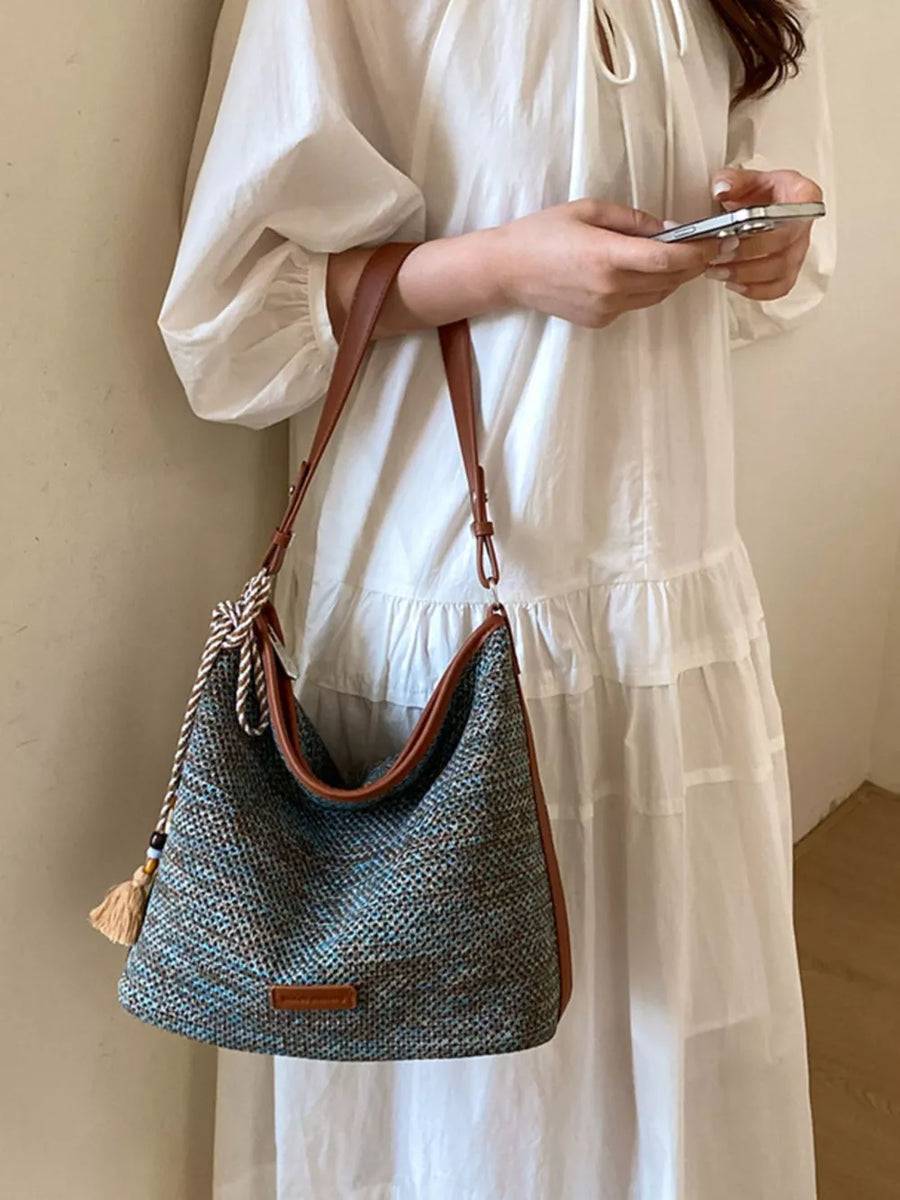 French Blue Tassel Woven Crossbody Bag