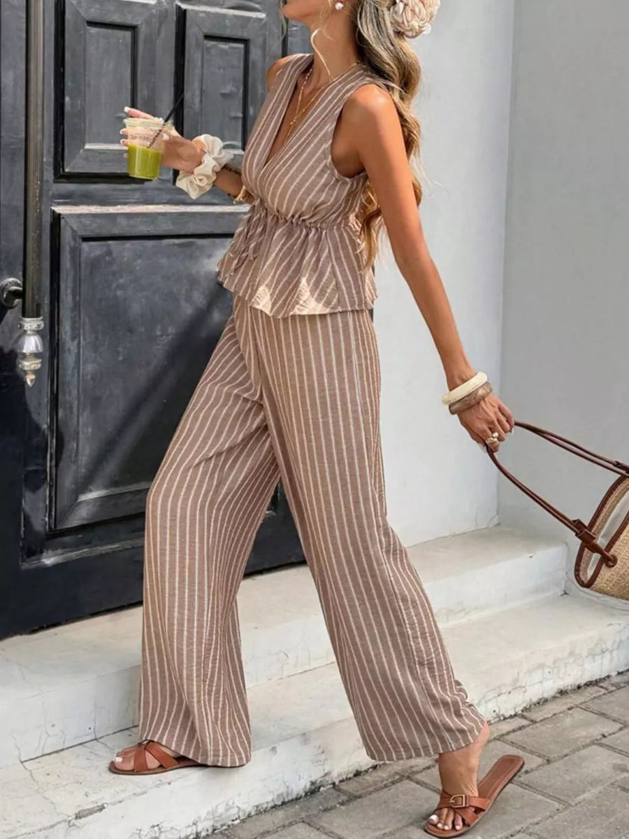 Chic striped two-piece set with tie front top and wide leg pants in camel.