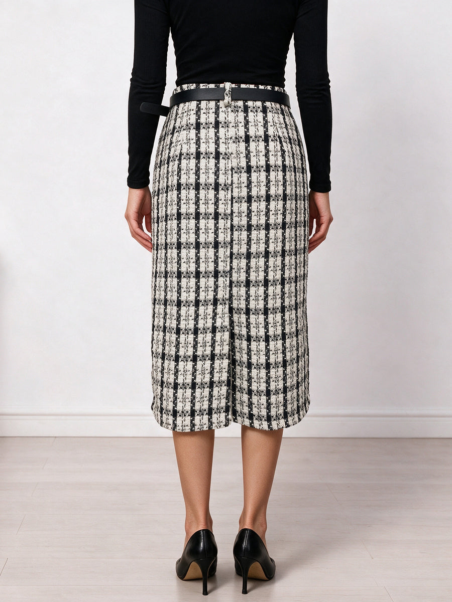 midi skirt featuring plaid in off-white with 90% polyester, 10% viscose Care instructions: Machine wash cold texture