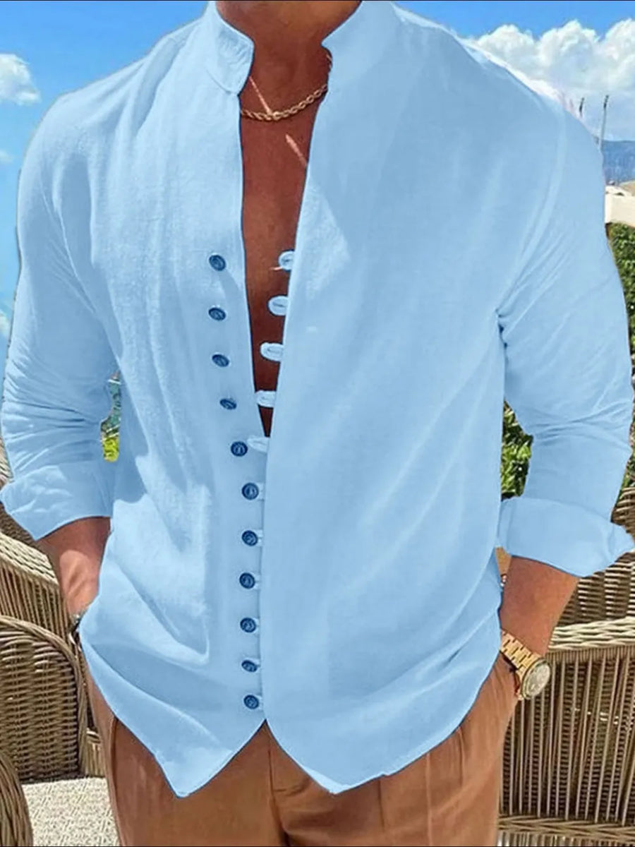 Light blue linen shirt with mandarin collar and button placket