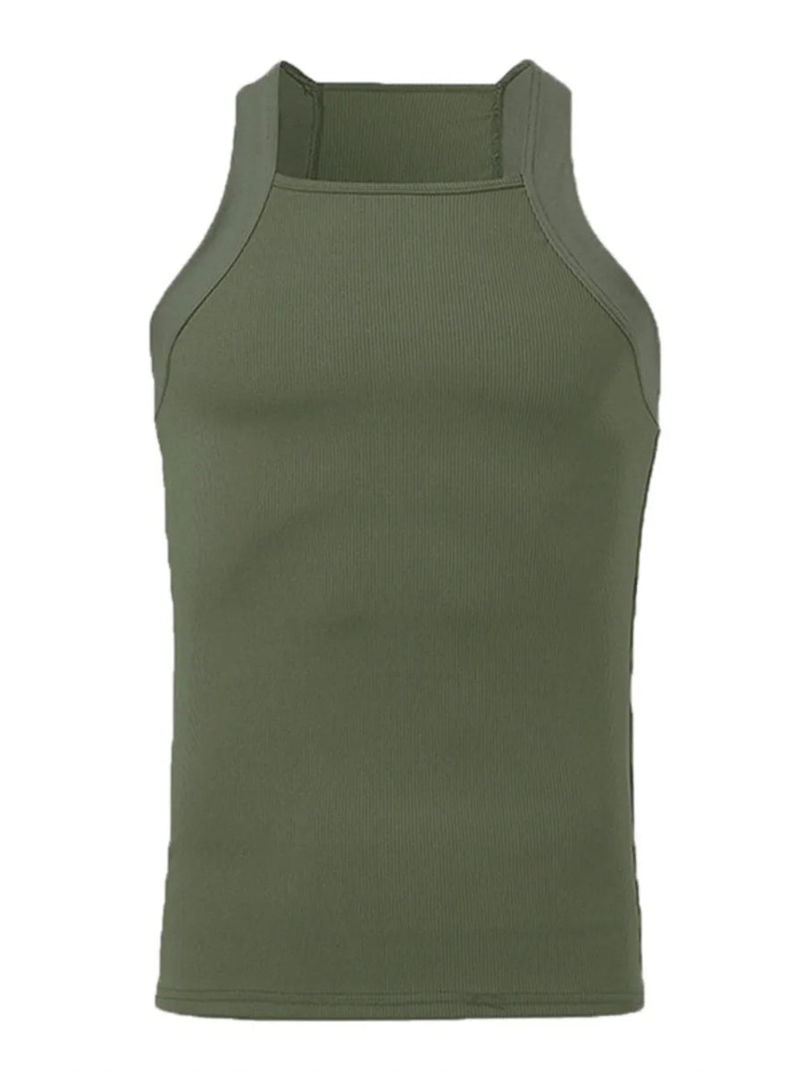 Army green ribbed tank top with a square neckline and high neck.