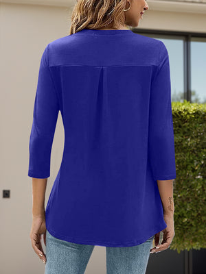 Royal blue pleated V-neck three-quarter sleeve casual top