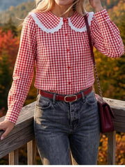 Blue button-up shirt with hip-length and button-front
