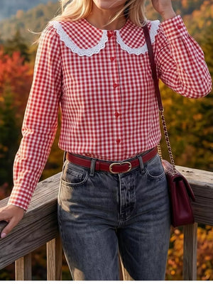 Blue button-up shirt with hip-length and button-front