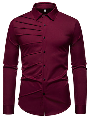 Wine red cotton long sleeve shirt with asymmetrical ruching detail and button front.