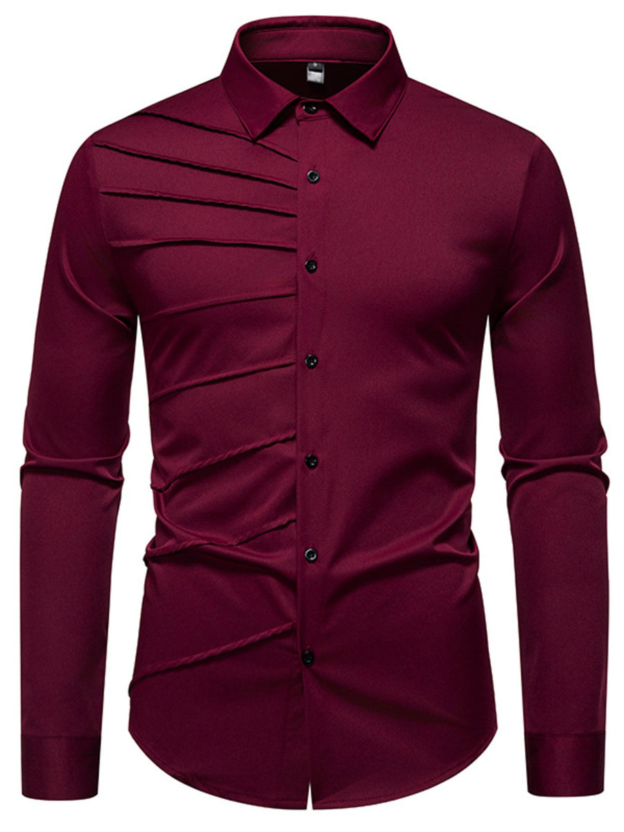 Wine red cotton long sleeve shirt with asymmetrical ruching detail and button front.