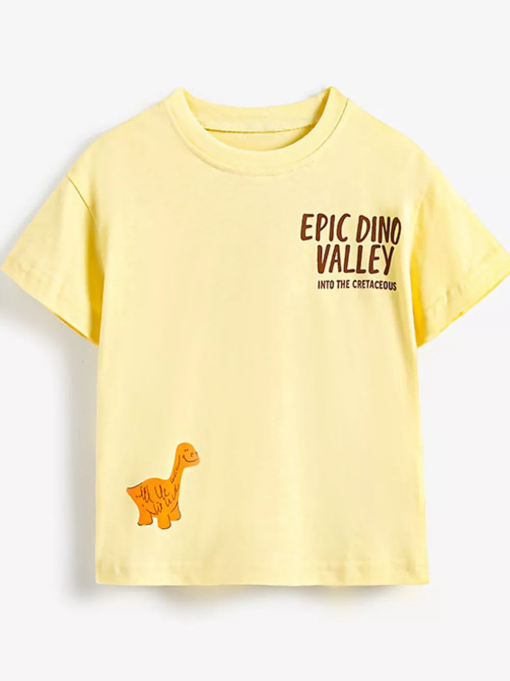 Yellow cotton t-shirt with dinosaur graphic and text print