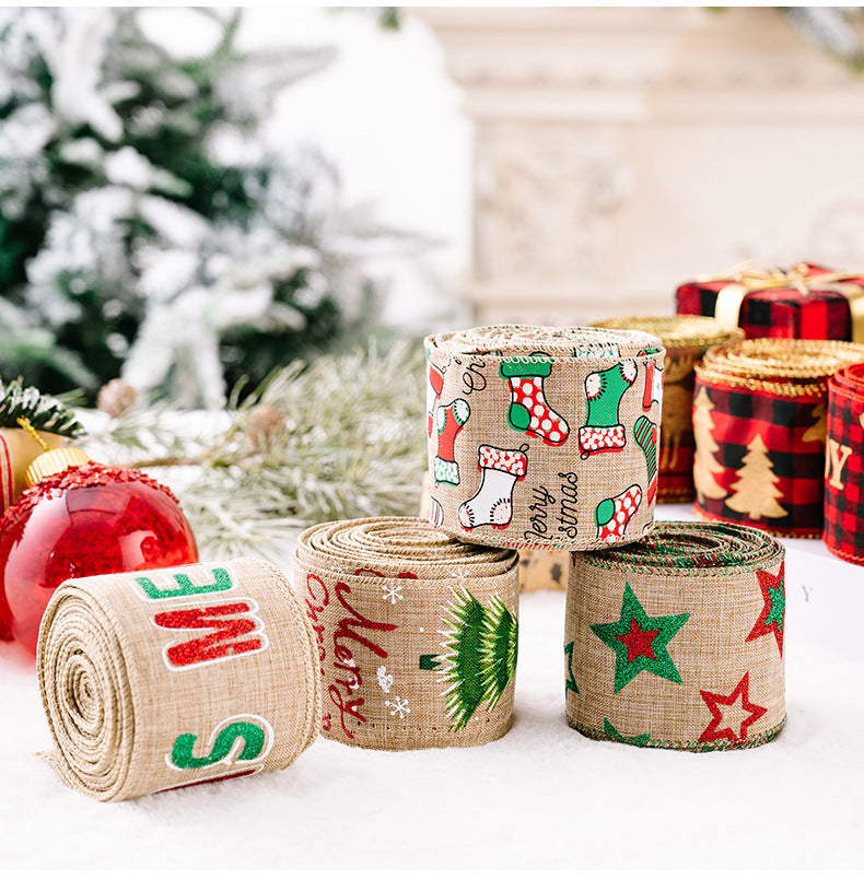 Festive burlap ribbon collection with Christmas stocking, tree, and star prints.
