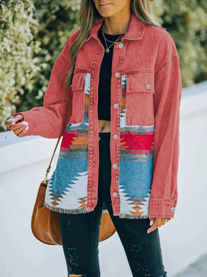 Oversized trucker jacket in strawberry with Aztec print panels and frayed hem.