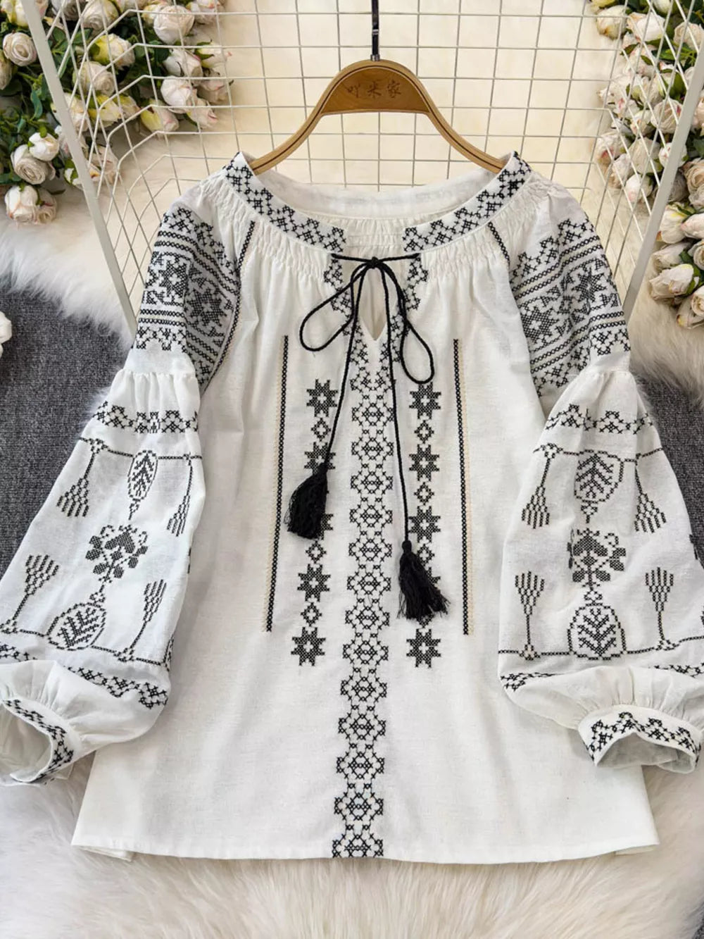 Bohemian Embroidered Blouse With Tassel Tie in Purple