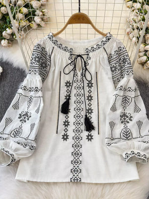 Bohemian Embroidered Blouse With Tassel Tie in Purple