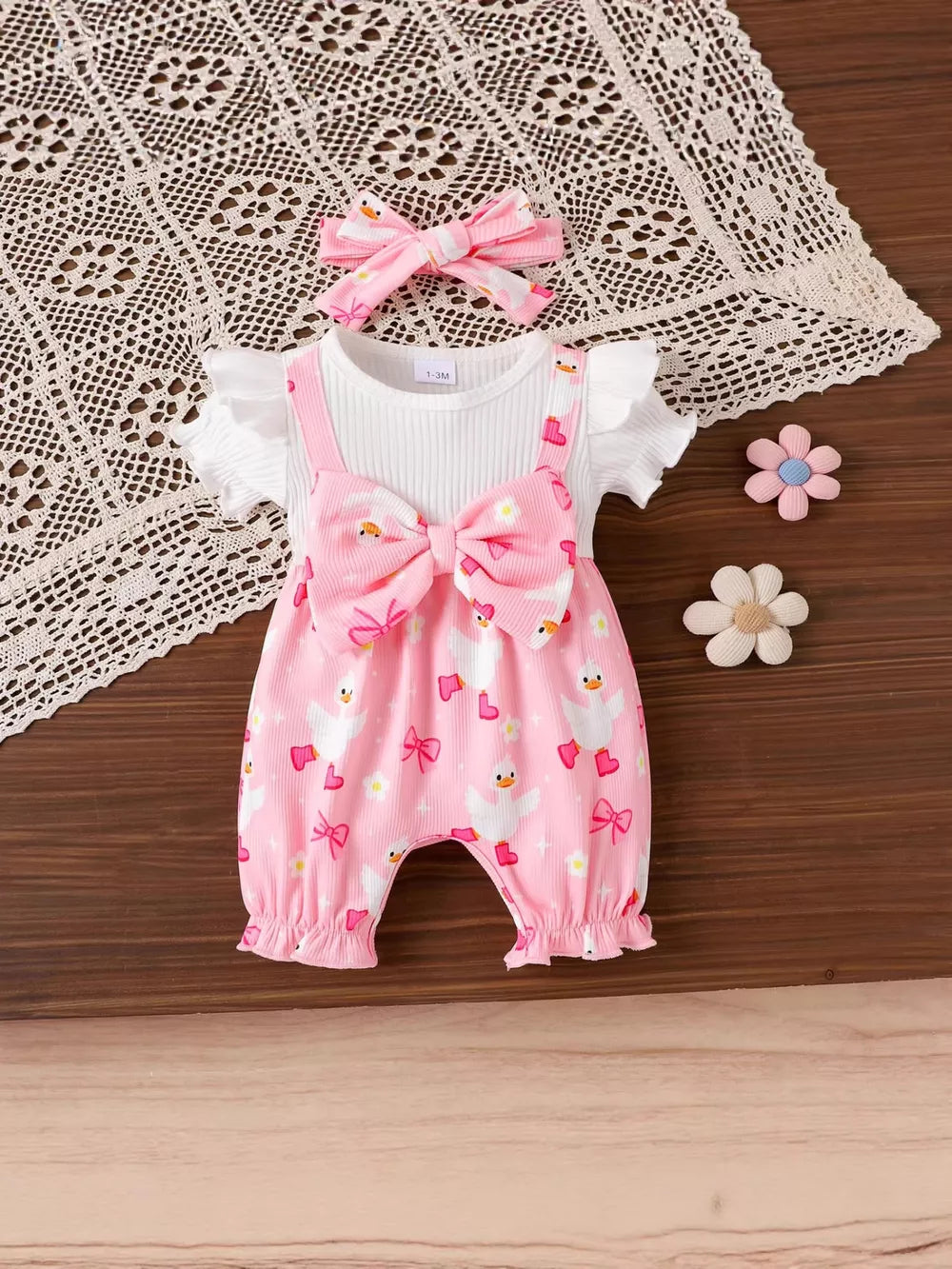 Pink with Children's Bow Duck Print Romper With Headband