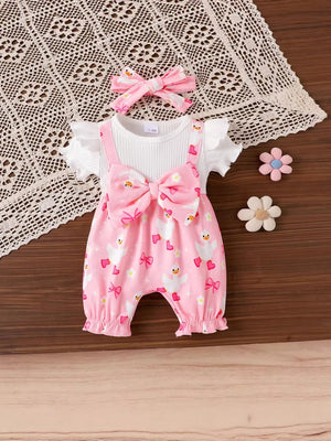 Pink with Children's Bow Duck Print Romper With Headband