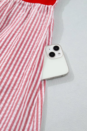 Maxi dress with red and white stripes, cotton fabric, and a hidden pocket for a phone.