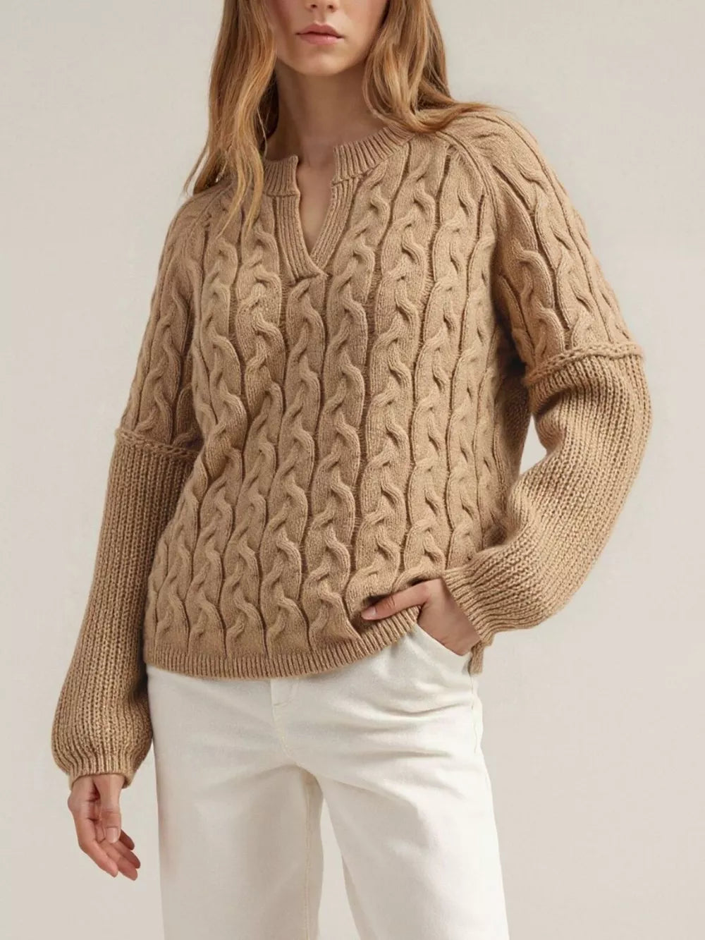 pullover sweater in burgundy with cable knit and cable-knit