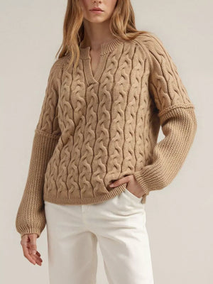 pullover sweater in burgundy with cable knit and cable-knit