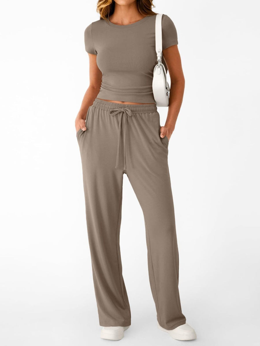Brown round neck tee and relaxed fit drawstring pants set with pockets.
