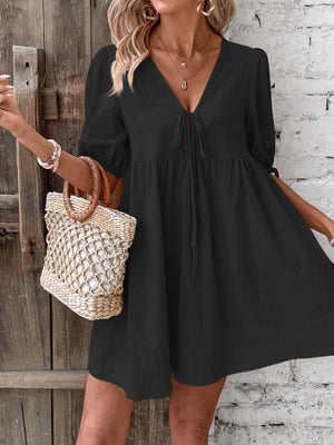 Black tie front puff sleeve mini dress with v-neck