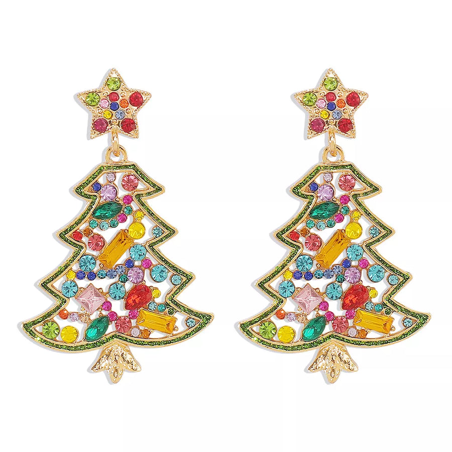 Festive dangle earrings with colorful rhinestones in a Christmas tree shape and star topper.
