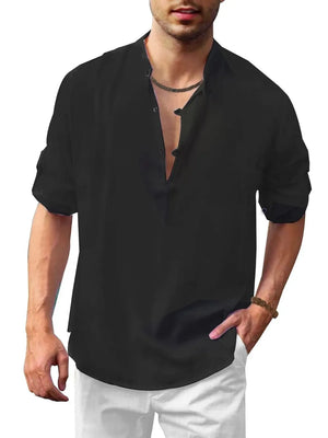 Black linen henley shirt with mandarin collar and button placket, roll-up sleeves.