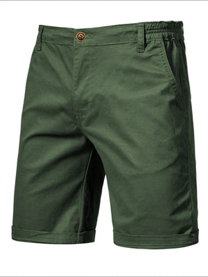 Dark Green relaxed-fit chino shorts with elastic waist and cuffed hem.