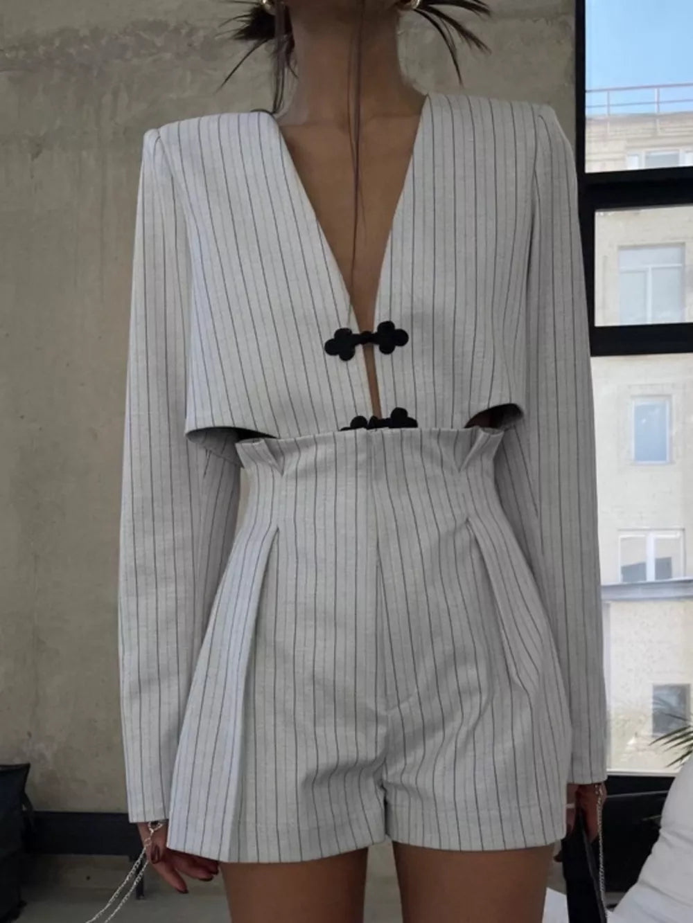 Pinstripe Cropped Blazer And Pleated Shorts Set in Light Gray
