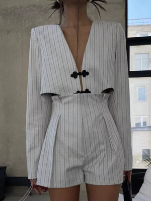 Pinstripe Cropped Blazer And Pleated Shorts Set in Light Gray