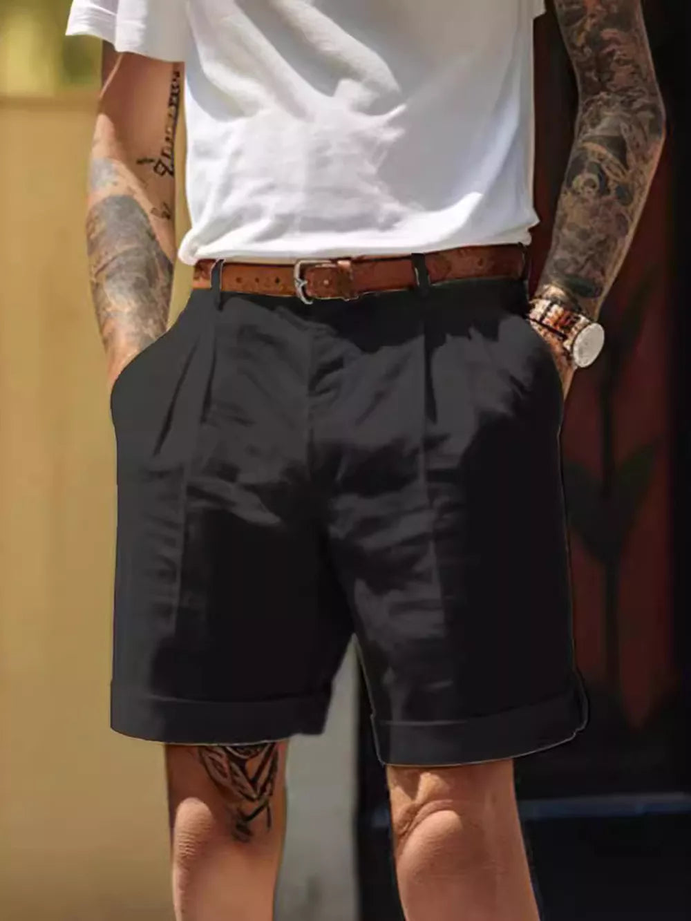 Navy Blue Men's Classic Pleated Full Size Shorts Plus Size