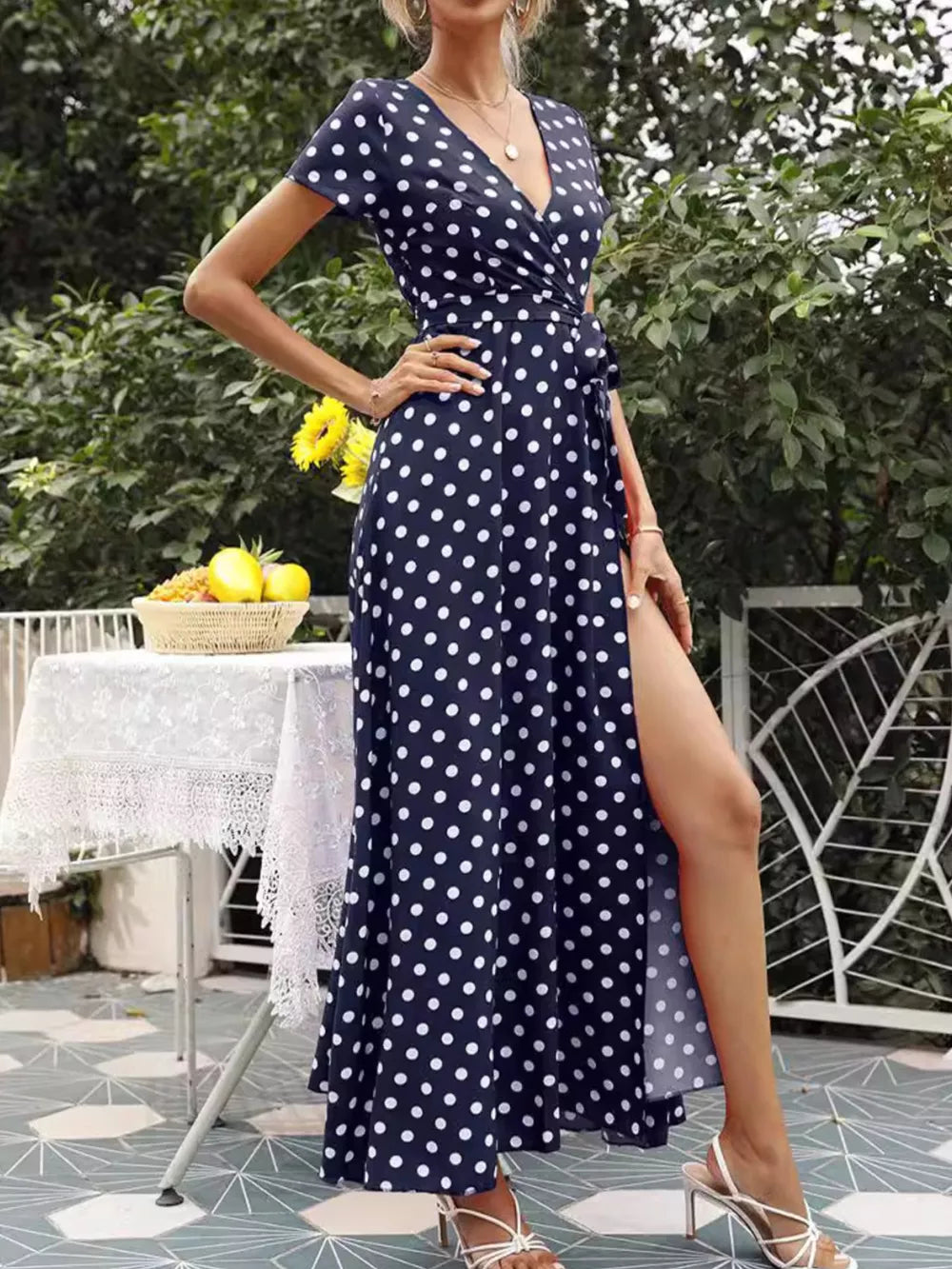 wrap dress in Dark Navy with belted and maxi