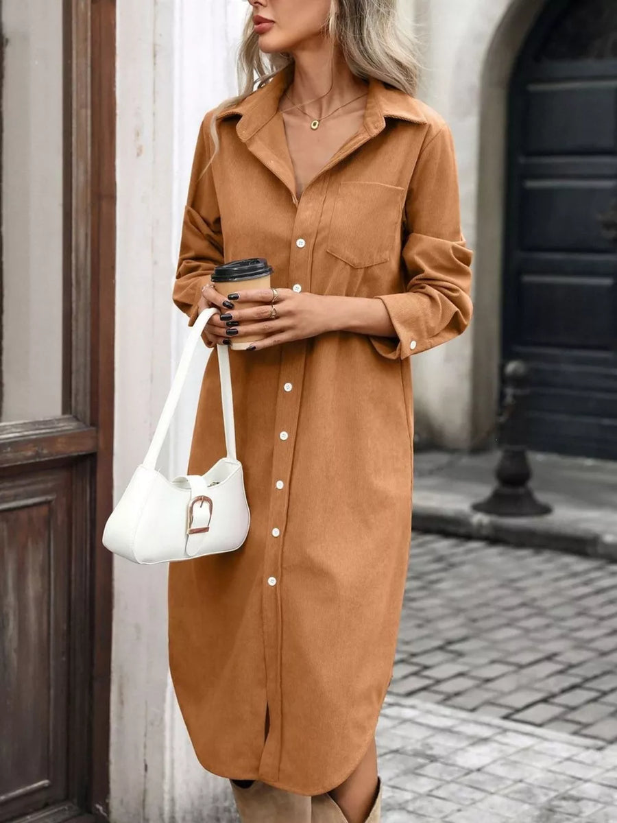 Black shirt dress with below-knee and button-front
